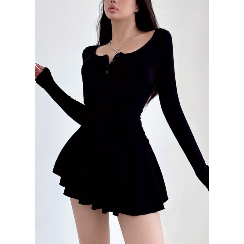 Style Black Square Collar Knit Mid Dresses Spring