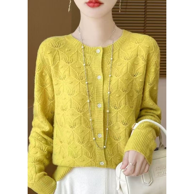 Style Yellow Hollow Out Jacquard Wool Cardigan Spring