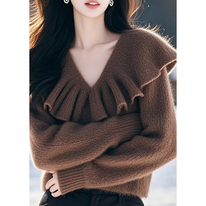 Stylish Coffee V Neck Ruffled Woolen Knit Pullover Spring