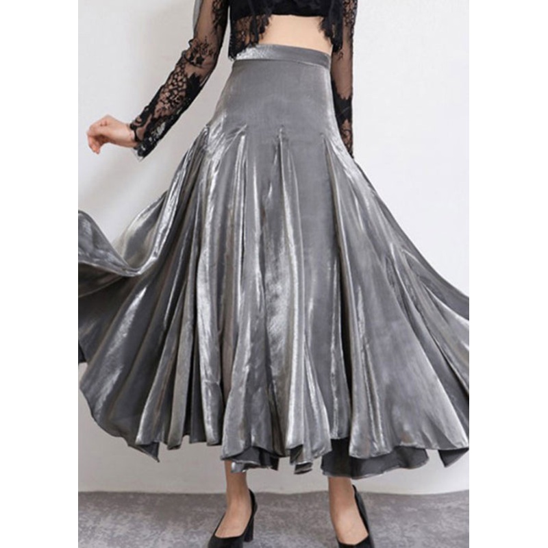Stylish Grey Solid High Waist Silk Skirt Spring