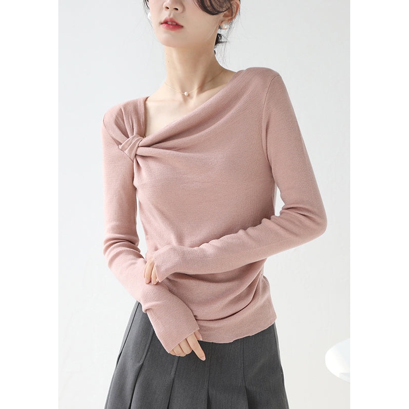 Stylish Pink Asymmetrical Wrinkled Knit Top Spring