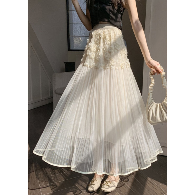 Unique Beige Floral Elastic Waist Tulle Skirts Spring