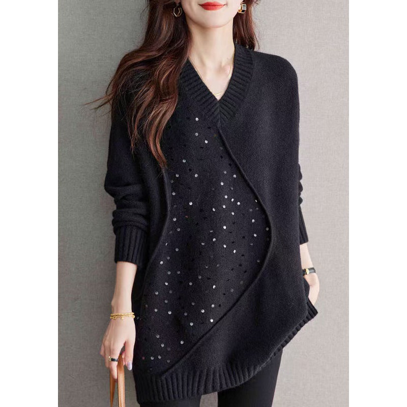 Unique Black V Neck Sequins Patchwork Woolen Sweater Spring