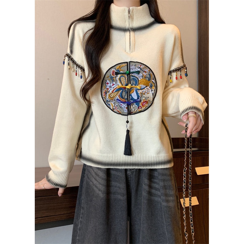 Vintage Beige Hign Neck Embroidered Knit Sweaters Spring