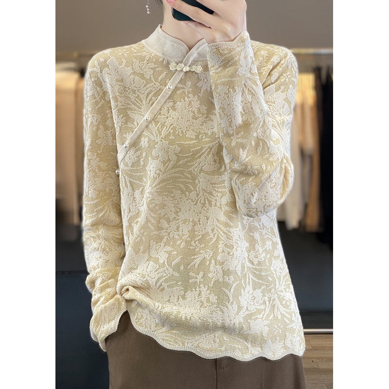 Vintage Beige Stand Collar Jacquard Woolen Sweater Spring