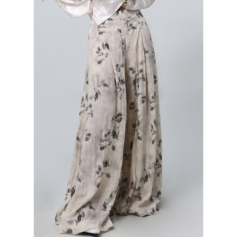 Vintage Print Pockets High Waist Cotton Wide Leg Pants Spring