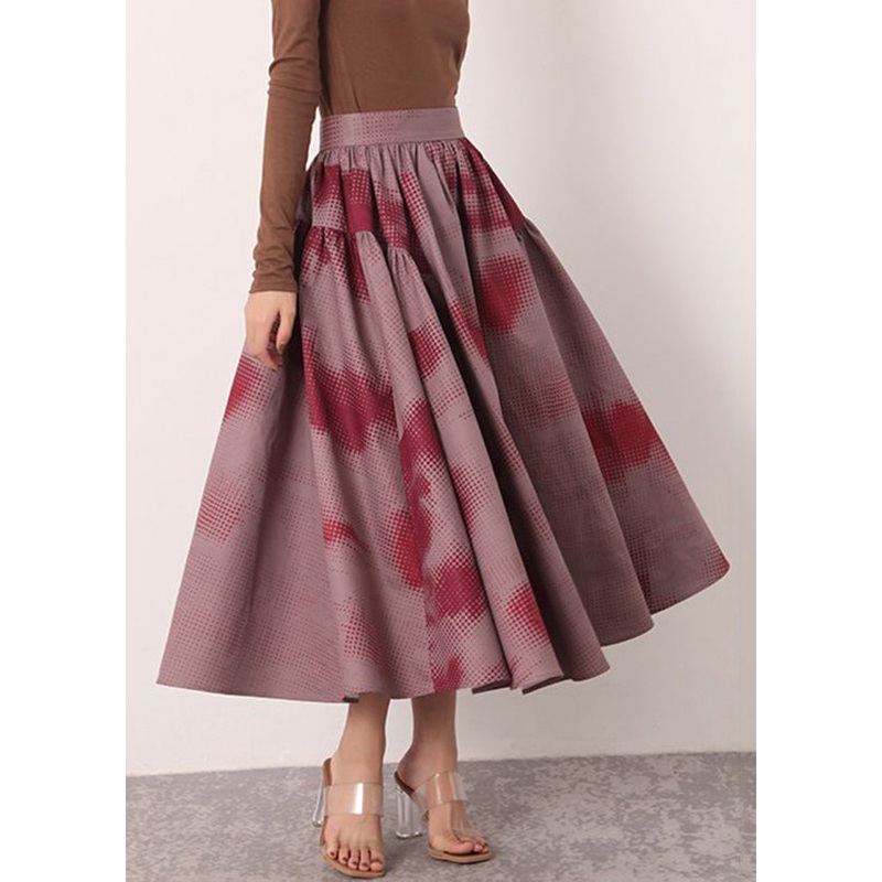 Vintage Red Print High Waist Cotton Skirts Spring