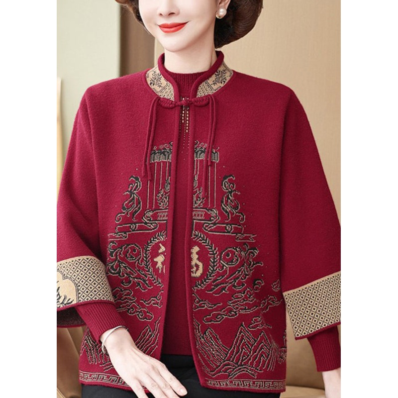 Vintage Red Stand Collar Tassel Knit Two Pieces Set Spring