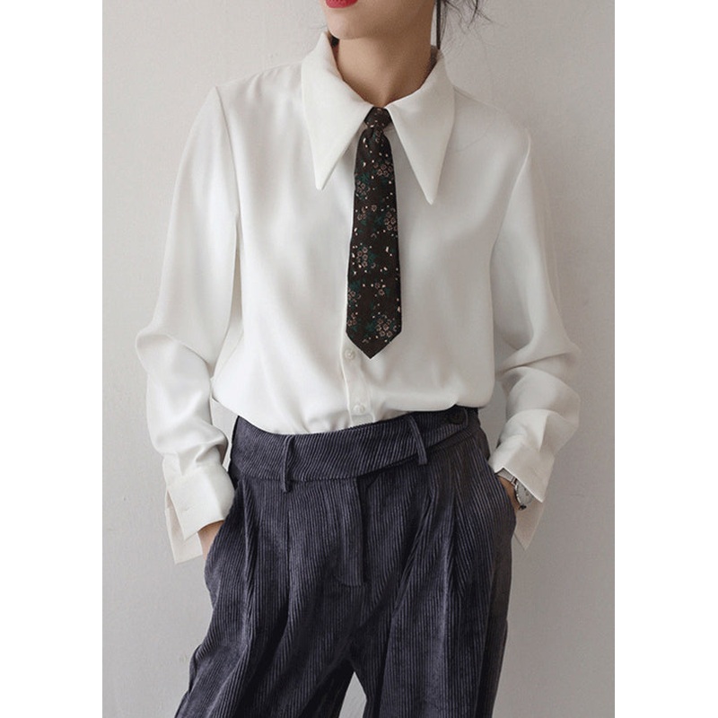 White Patchwork Shirt Tops Peter Pan Collar Fall