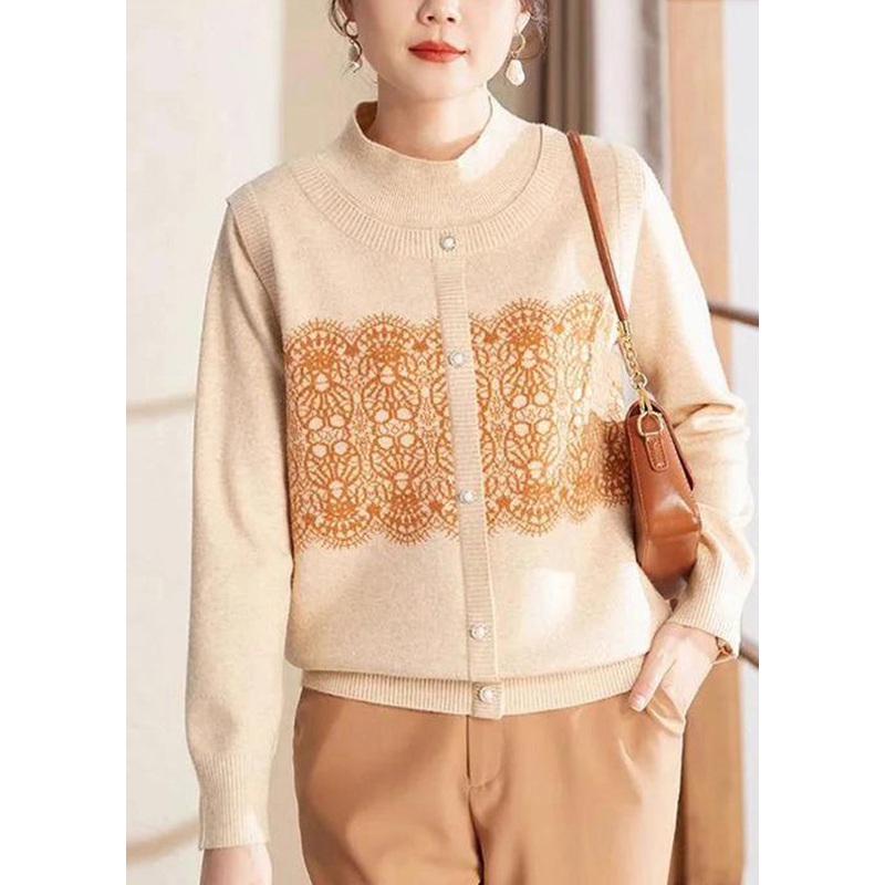 Women Beige O Neck Print Patchwork Woolen Sweater Spring