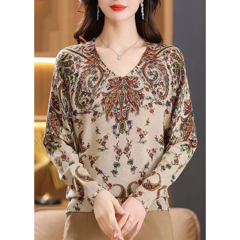 Women Beige V Neck Zircon Print Woolen Sweater Tops Spring