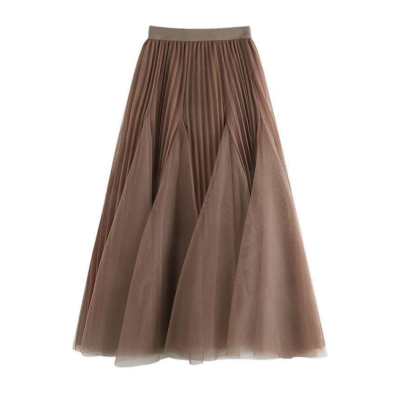 Women Brown Wrinkled Elastic Waist Tulle Skirts Spring