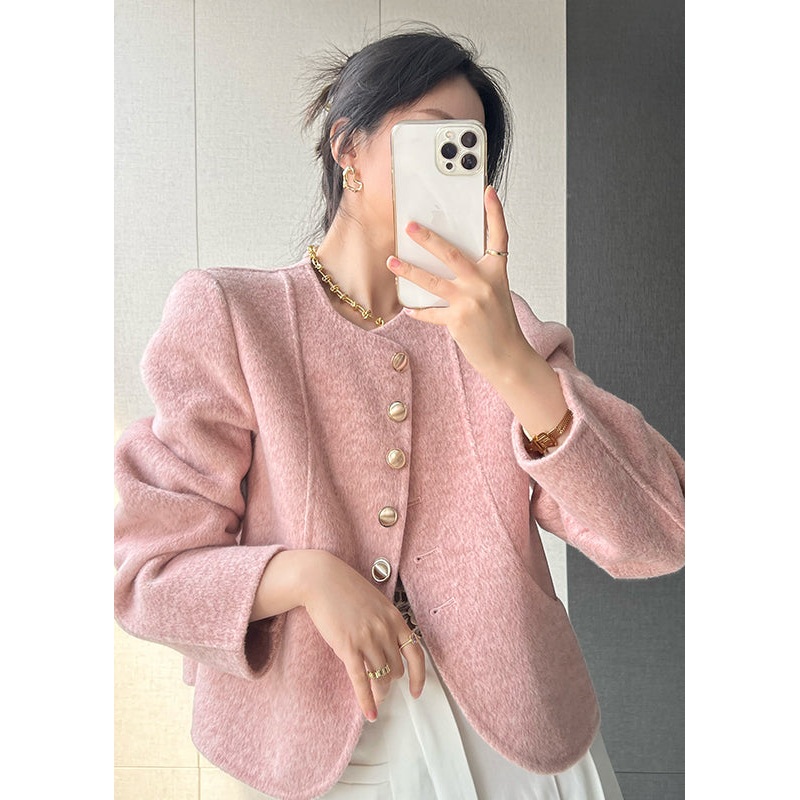 Women Pink O Neck Button Woolen Short Coat Spring