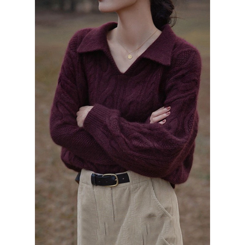 Women Purple V Neck Patchwork Cozy Cotton Knit Top Long Sleeve