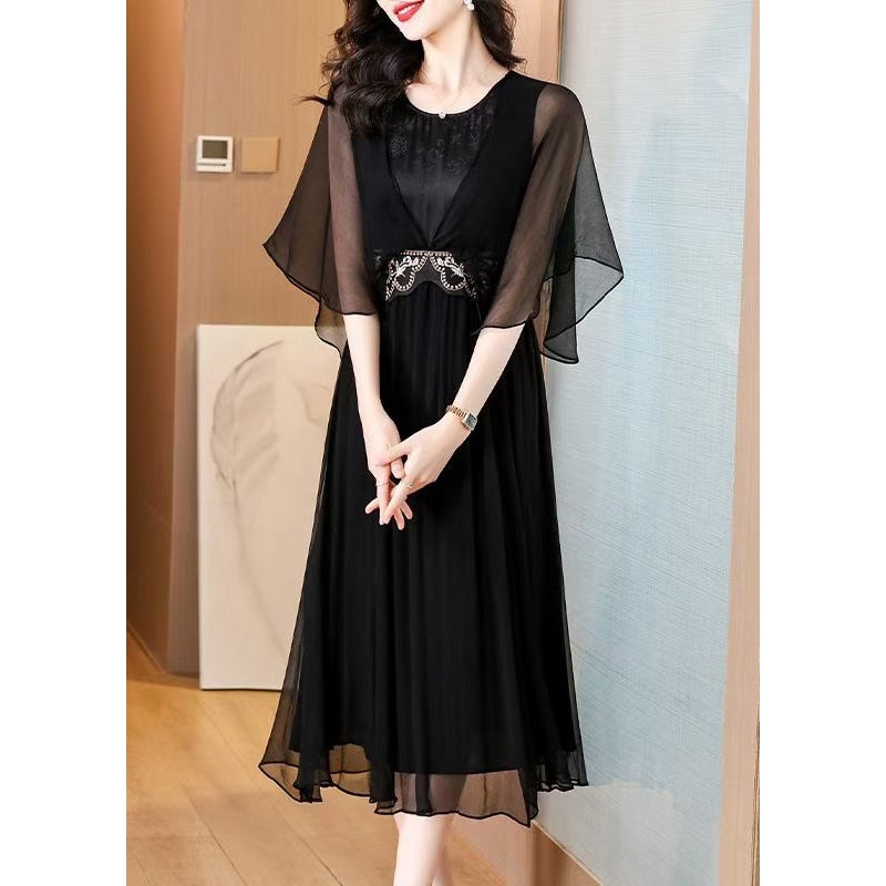 Art Black O Neck High Waist Silk Long Dress Batwing Sleeve