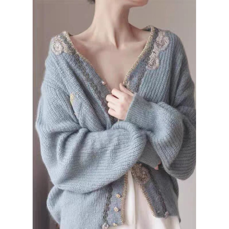 Art Blue Embroidered Button Knit Cardigans Spring