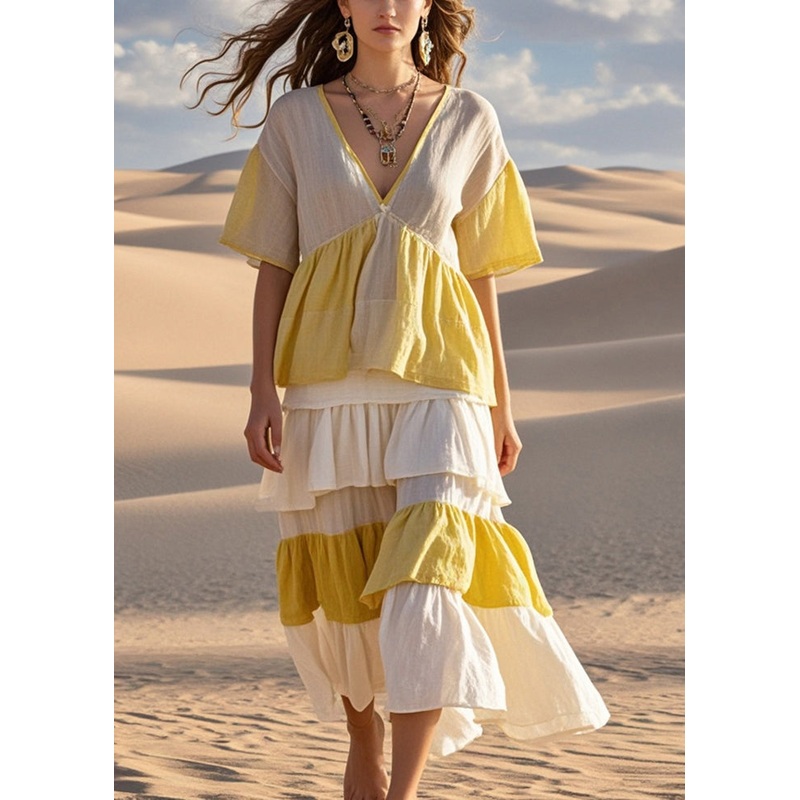 Art Colorblock Ruffled Patchwork Cotton Robe Dresses Summer
