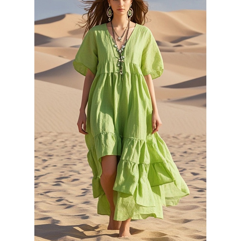 Art Grass Green Asymmetrical Cotton Maxi Dresses Summer