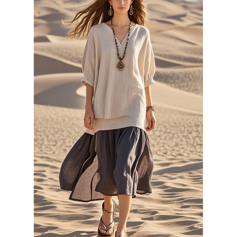 Art Khaki V Neck Patchwork Cotton Robe Dresses Summer