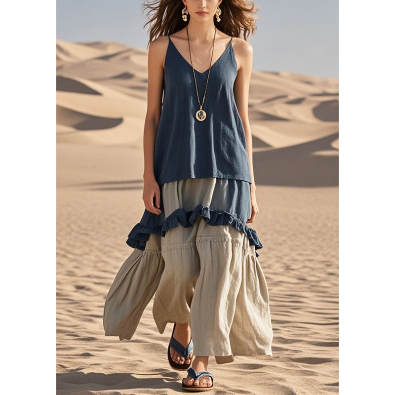Art Navy Ruffled Patchwork Cotton Party Dress Summer