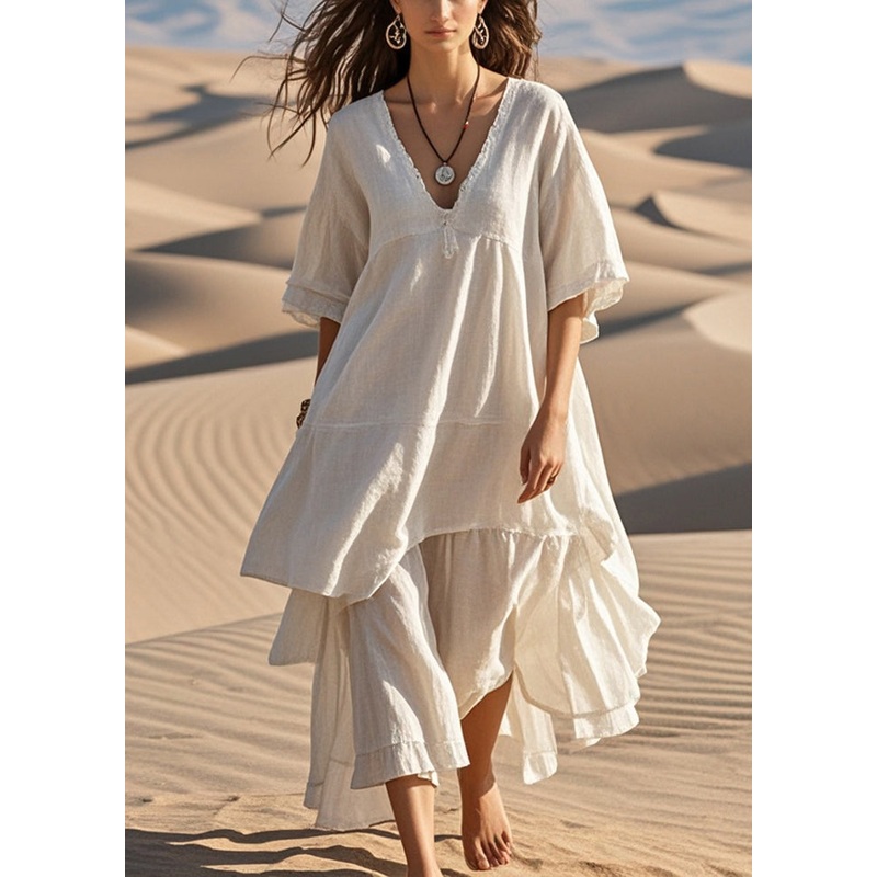 Art White Patchwork Cotton Holiday Dress Asymmetrical Summer
