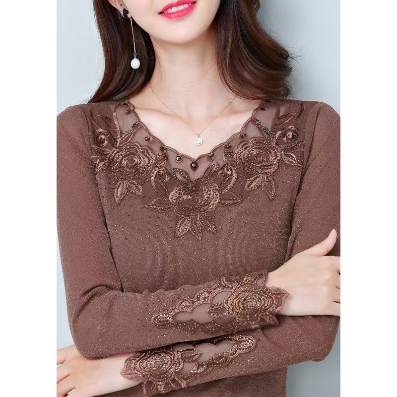 Beautiful Coffee O Neck Patchwork Tulle Blouse Tops Spring