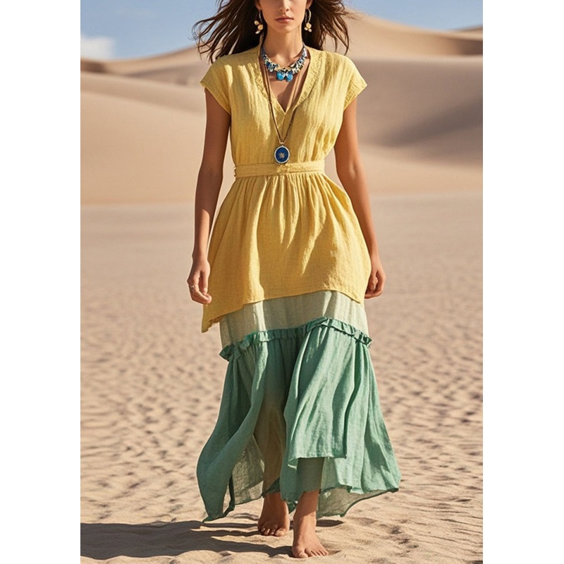 Beautiful Yellow V Neck Patchwork Cotton Vacation Dresses Summer