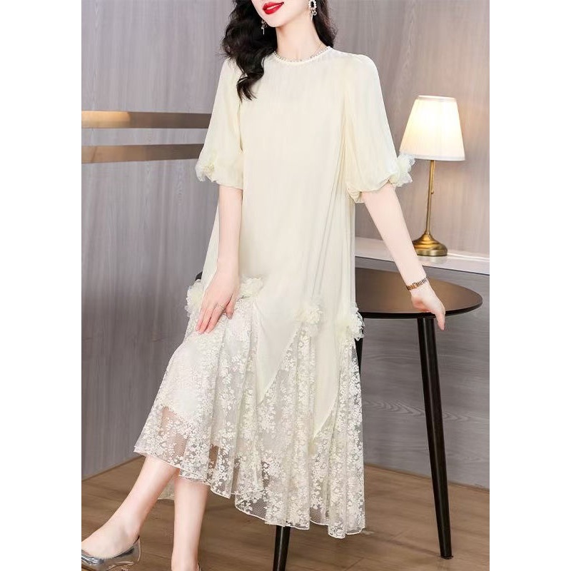 Beige FloralLace Patchwork Long Dresses O-Neck Summer