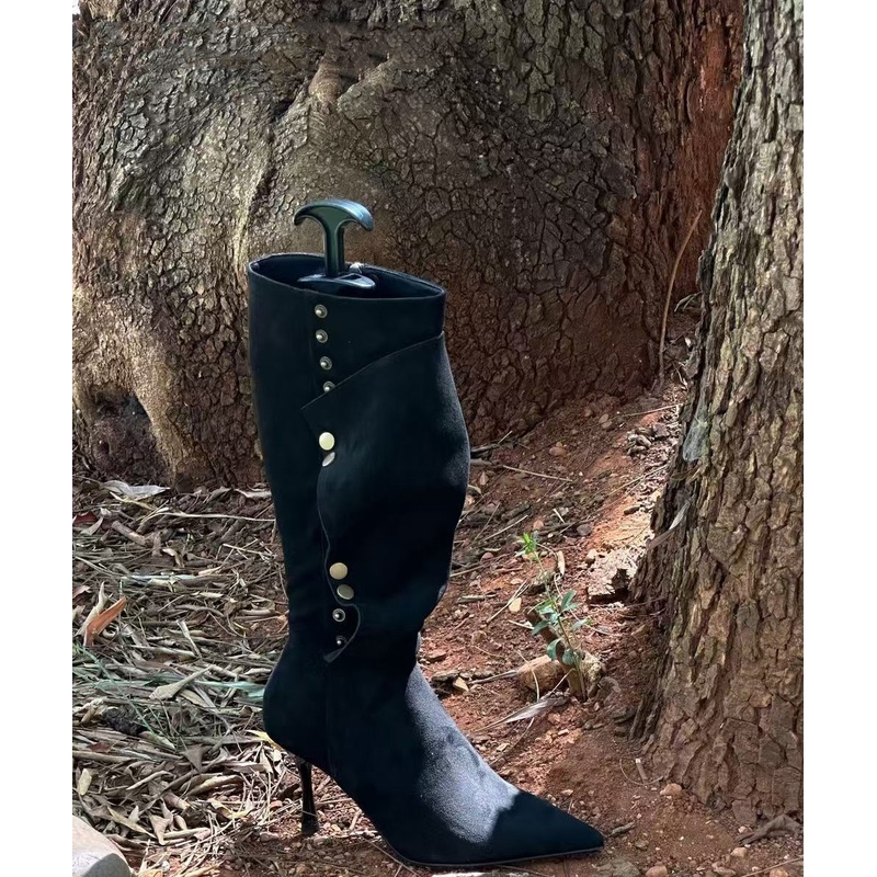 Black Rivet Splicing Suede Stiletto Boots Pointed Toe