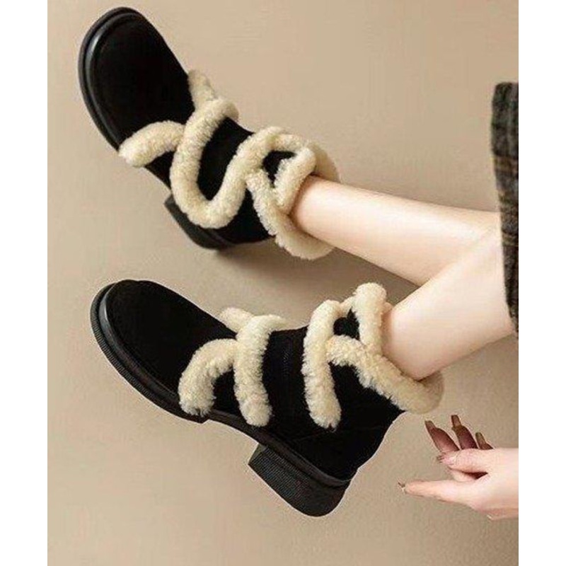 Black Splicing Suede Chunky Boots Fuzzy Wool Lined