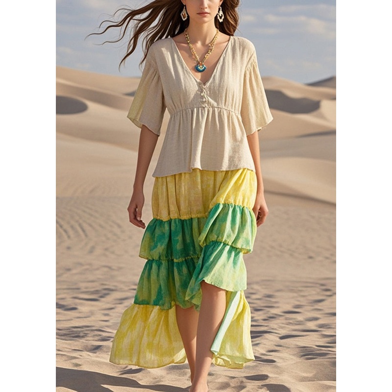 Bohemian Beige Ruffled Patchwork Cotton Dresses Summer