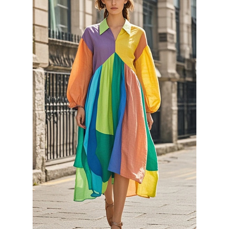 Bohemian Colorblock Asymmetrical Patchwork Cotton Maxi Dresses Fall