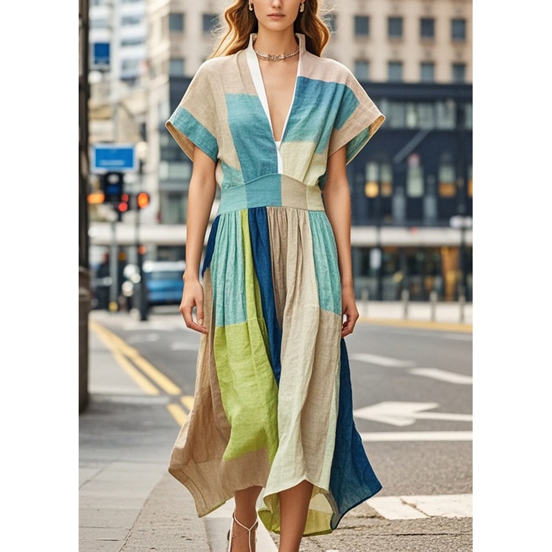 Bohemian Khaki V Neck Print Cotton Robe Dresses Summer