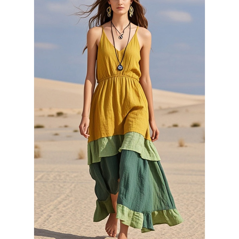 Boho Yellow Patchwork Cotton Cami Dresses Summer