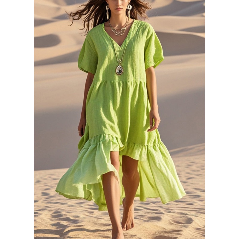 Boutique Fluorescent Green Asymmetrical Cotton Holiday Dress Summer