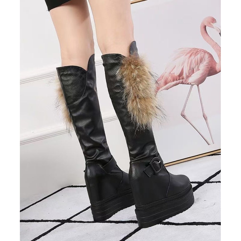 Boutique Fox Fur Splicing Platform Boots Black Faux Leather