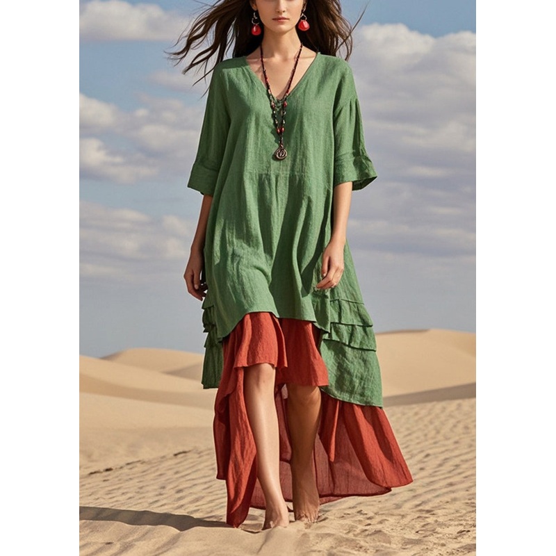 Boutique Green Asymmetrical Fake Two Piece Cotton Robe Dresses Summer