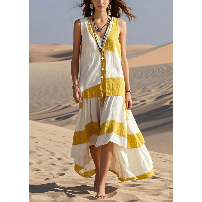 Boutique White Asymmetrical Patchwork Cotton Long Dresses Sleeveless