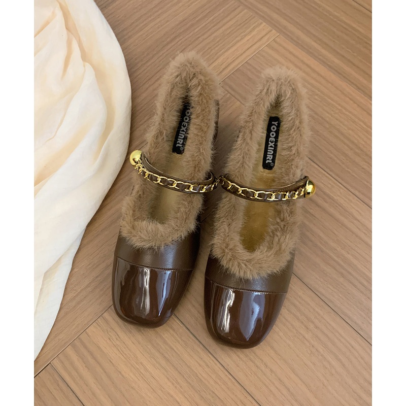Brown Buckle Strap Splicing Chunky Penny Loafers Fuzzy Wool Lined