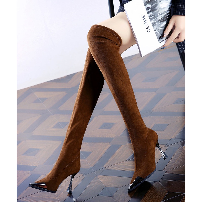 Brown Splicing Boutique Suede Stiletto Boots Pointed Toe