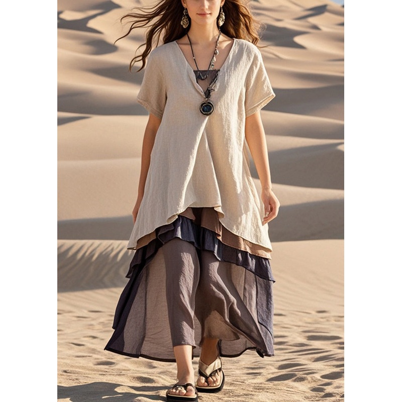 Casual Apricot Oversized Patchwork Cotton Fake Two Piece Dress Summer