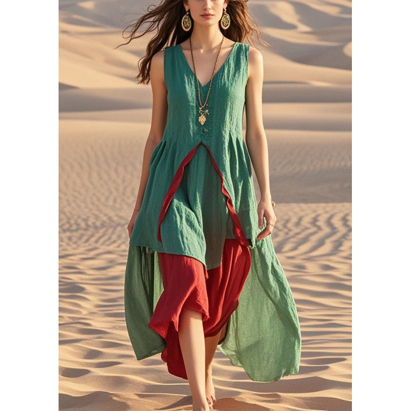 Casual Green Asymmetrical Patchwork Cotton Dress Summer