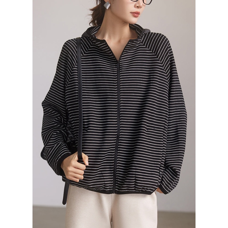 Casual Striped Hooded Zippered Pockets Cotton Coat Spring