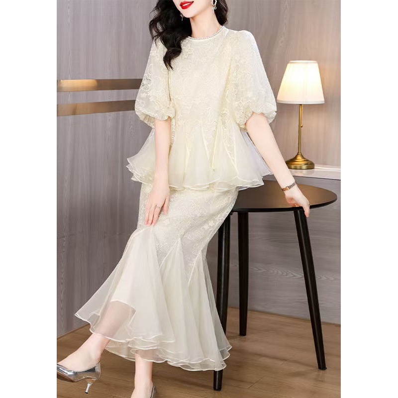 Chic Beige Embroidered Tops And Fishtail Skirt Silk Two Pieces Set Summer