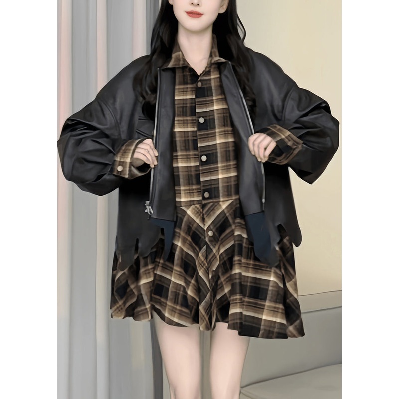 Chic Plaid Patchwork False Two Pieces Faux Leather Coat Spring