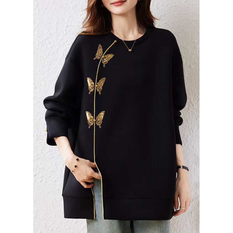 Chinese Style Black O Neck Butterfly Decorated Cotton Sweatshirts Spring