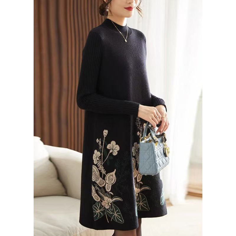 Classy Black O Neck Print Knit Long Sweater Dress Spring
