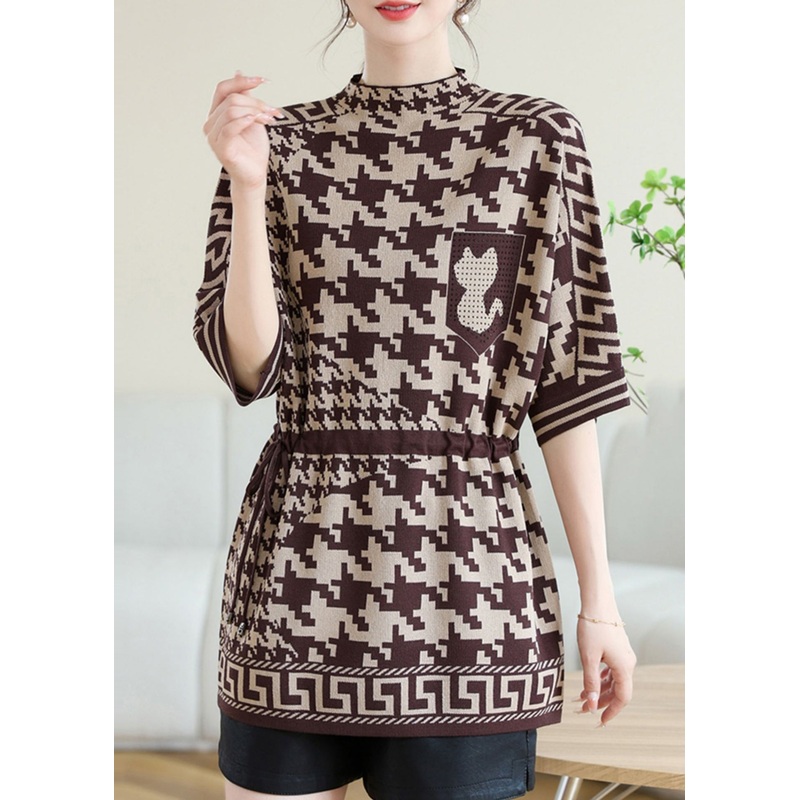 Classy Coffee O Neck Print Drawstring Knit Top Spring