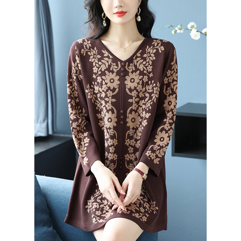 Classy Coffee V Neck Print Knit Mid Sweaters Spring
