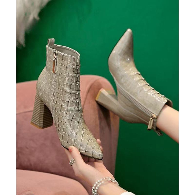 Classy Grey Zippered Splicing Chunky Heel Boots Pointed Toe